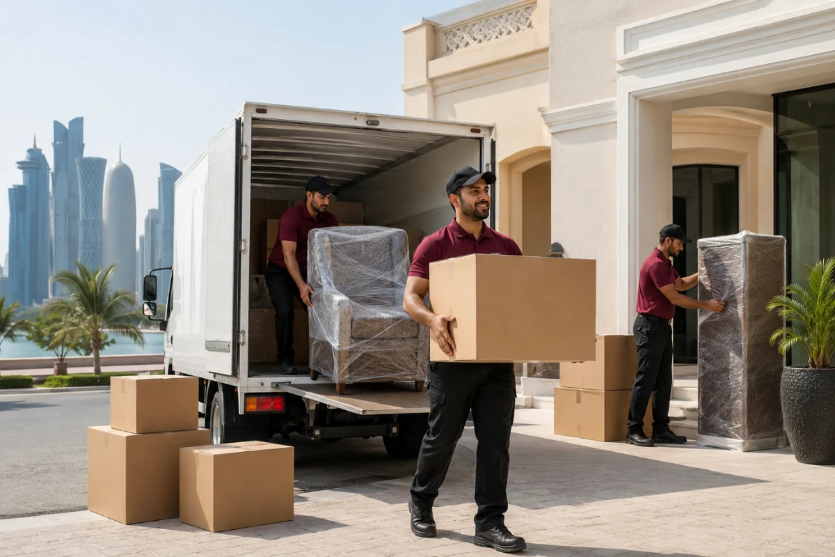 Professional movers handling furniture in Qatar