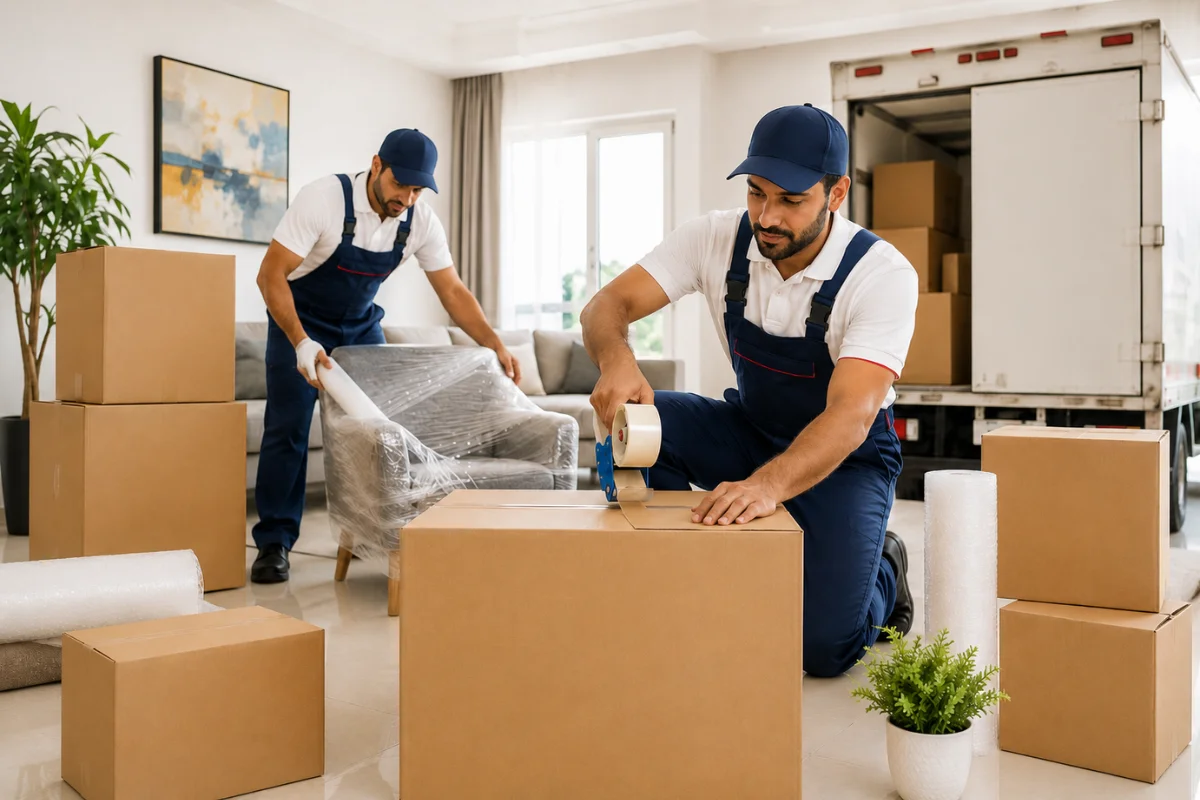 Packing materials and moving boxes prepared for relocation